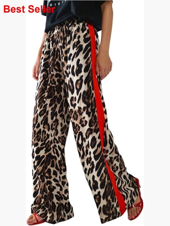 Pants - Cheetah Print Wide Leg Palazzo Pants with Drawstring Waist